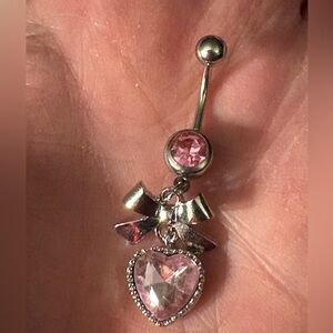 Belly Ring- Stainless Steel Belly Ring, Pink Cubic Zirconia Heart & Bow Ring.
